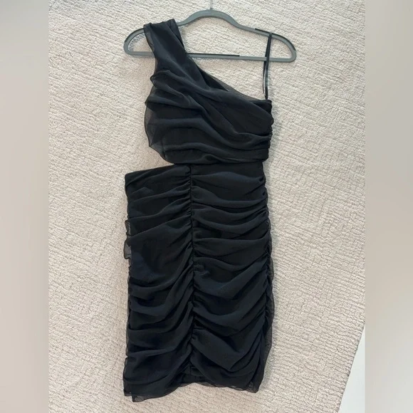 Aqua one shoulder chiffon ruched mini dress
